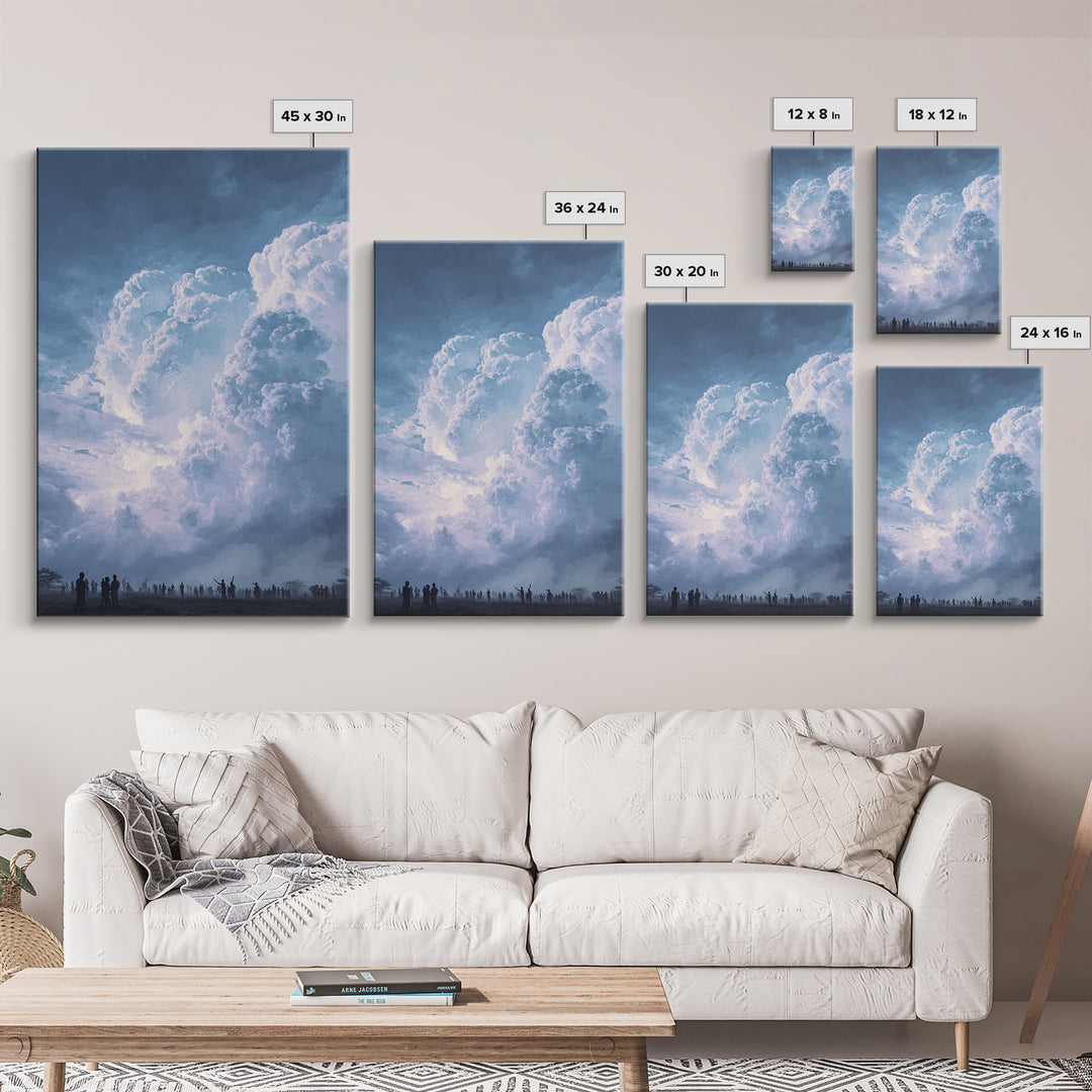 Towering White Storm Clouds Over African Horizon Framed Canvas Print, Dramatic Blue Wall Decor, Spiritual Afrocentric Art