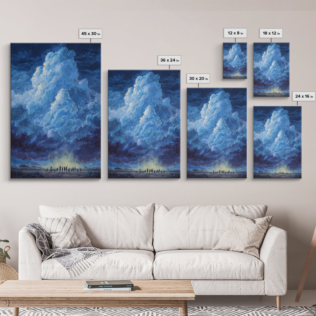 Deep Blue Thundercloud Over African Crowd Canvas Print, Dramatic Storm Sky Wall Decor, Spiritual Safari Art, Statement Gift