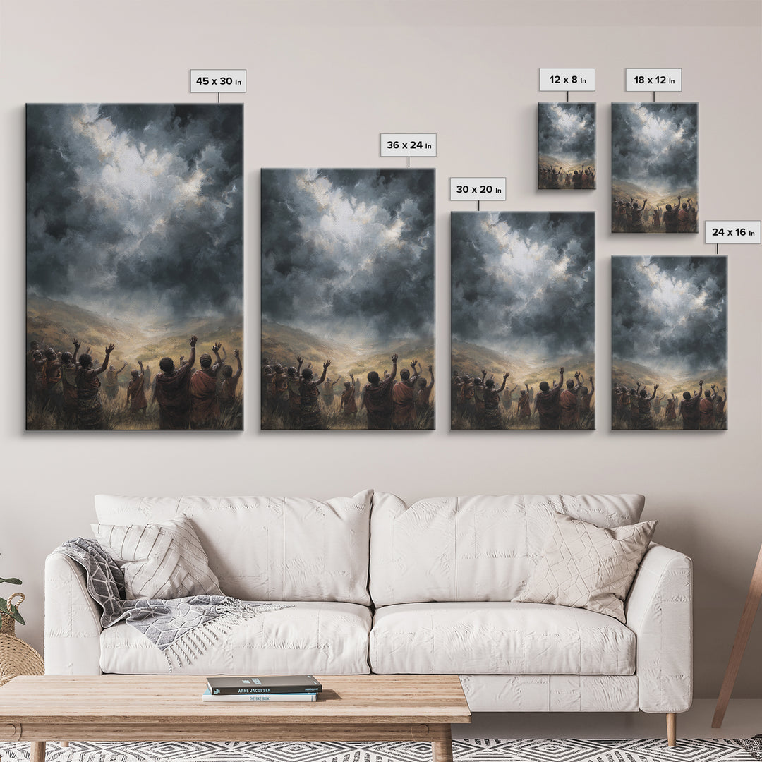 African Villagers Raising Hands To Dark Storm Sky Wall Art, Dramatic Spiritual Canvas, Cultural Decor, Black Art Gift For Home