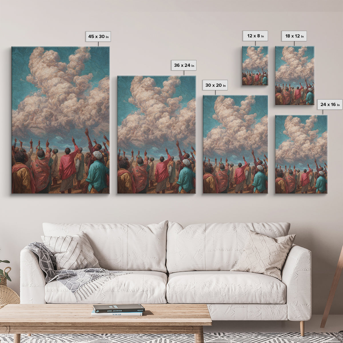 African Gathering Pointing To Rose Clouds Canvas Print, Colorful Cultural Wall Decor, Afrocentric Home Art, Unique Gift Idea