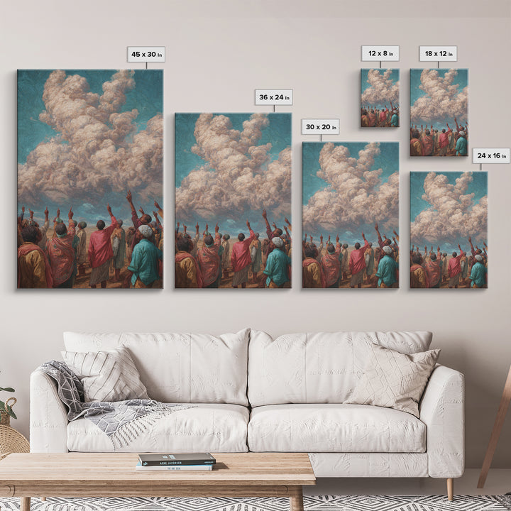 African Gathering Pointing To Rose Clouds Canvas Print, Colorful Cultural Wall Decor, Afrocentric Home Art, Unique Gift Idea