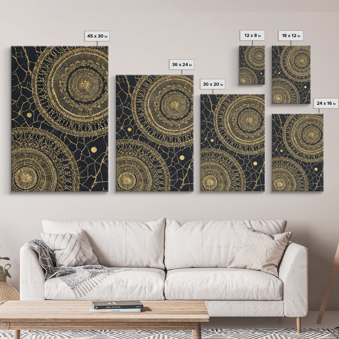 Black And Gold Tribal Mandala Pattern Framed Canvas Print, Geometric African Wall Decor, Abstract Ethnic Art, Luxury Gift