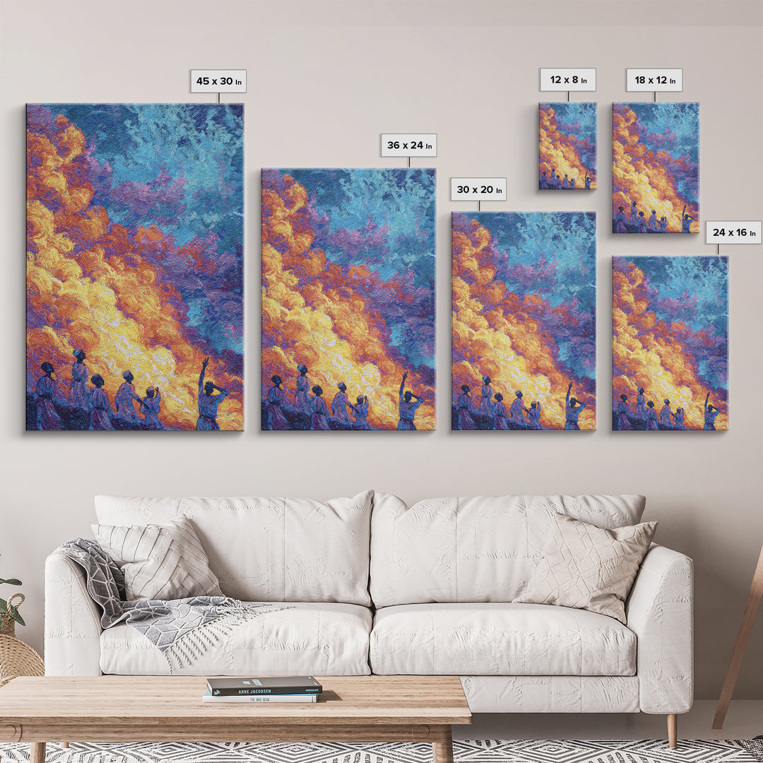 Figures Under Fiery Orange And Blue Sky Canvas Print, African Wall Art, Black People Art, Cultural Home Decor Gift, Statement Wall Decor
