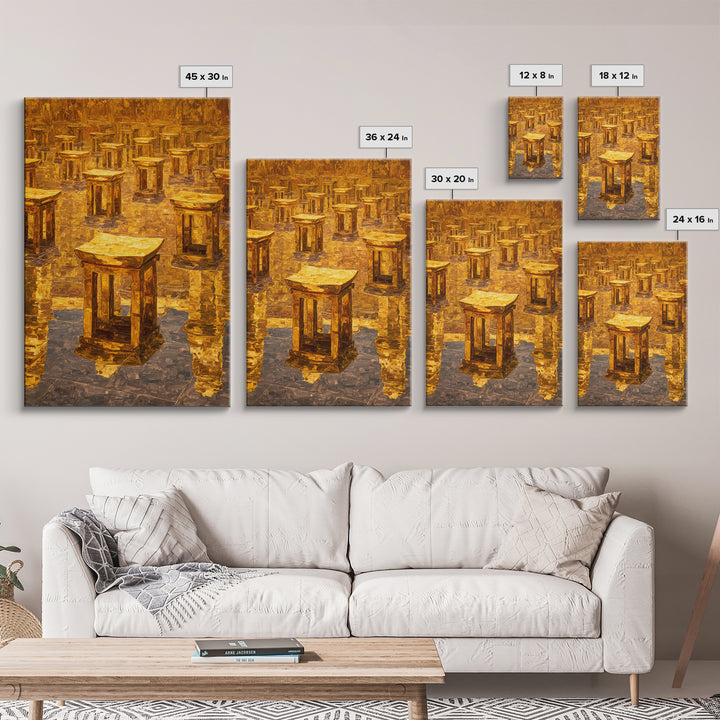 Golden Ancestral Stools In Reflective Hall Framed Canvas Print, African Decor, Cultural Wall Art, Warm Ochre Home Decor Gift