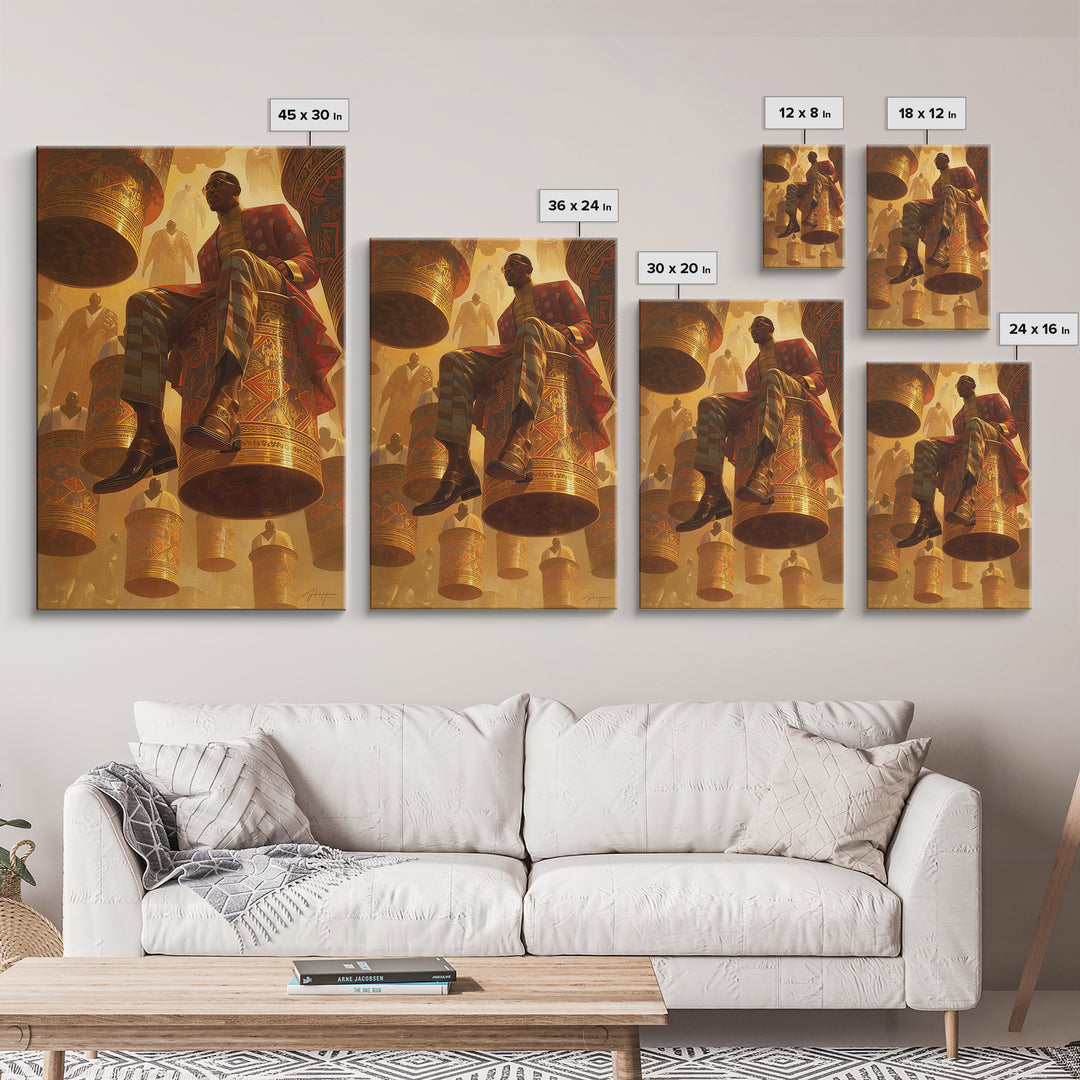 Afrofuturist Man Seated On Floating Drums Canvas Print, African Ankara Art, Regal Black Culture Wall Decor, Bold Gift For Him