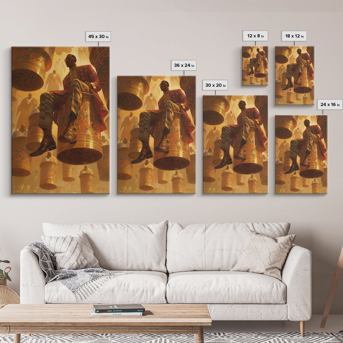 Afrofuturist Man Seated On Floating Drums Canvas Print, African Ankara Art, Regal Black Culture Wall Decor, Bold Gift For Him