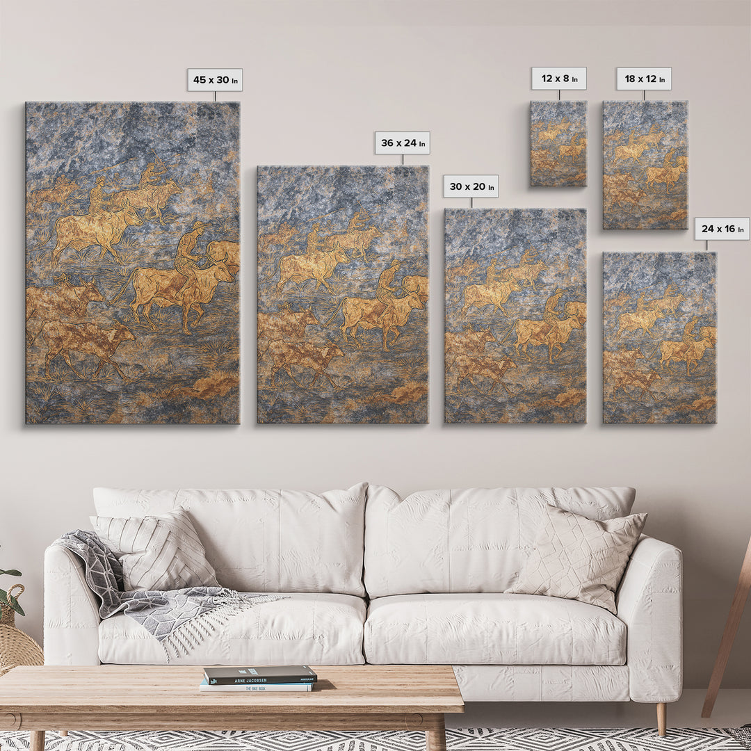 Golden Cattle Herders Etched On Blue Stone Wall Art, African Safari Art, Pastoral Tribal Canvas, Cultural Home Decor, Unique Gift