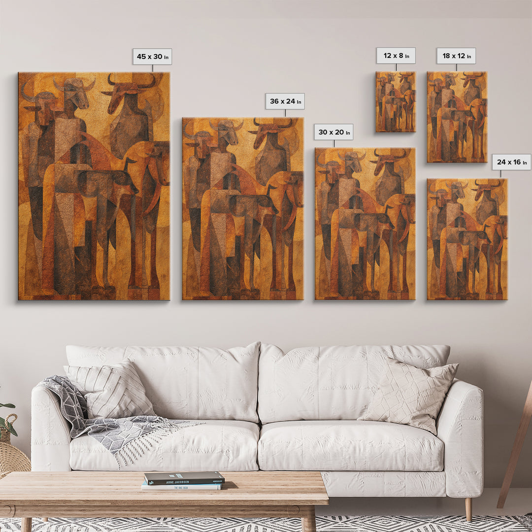 Cubist Cattle Spirits In Burnt Orange Canvas Print, African Abstract Art, Tribal Bull Wall Decor, Modern Gallery Gift For Home