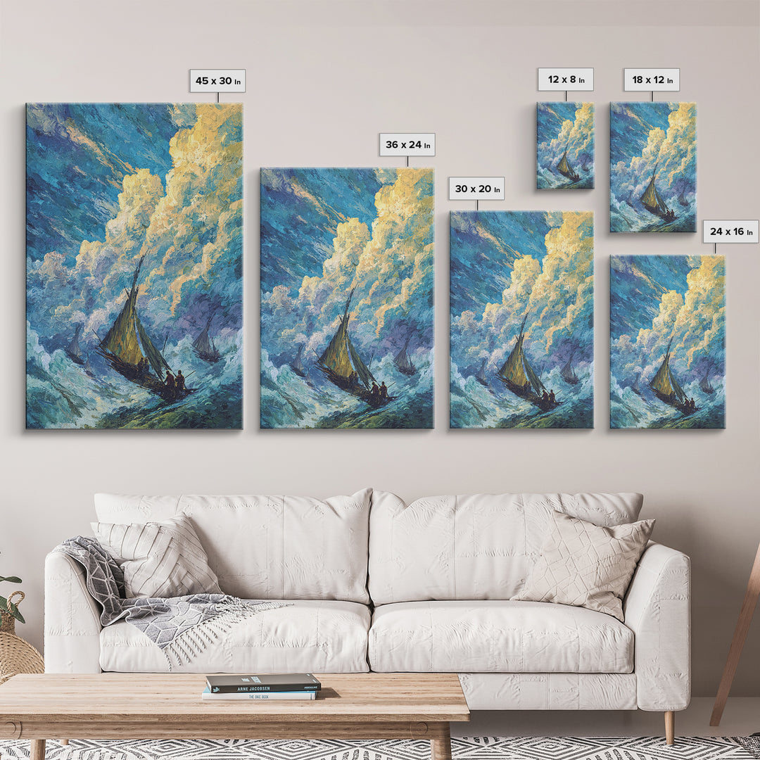 Stormy Sailboat Seascape Framed Canvas Print, Beach Art, Blue Ocean Wall Decor, Coastal Painting, Dramatic Living Room Art