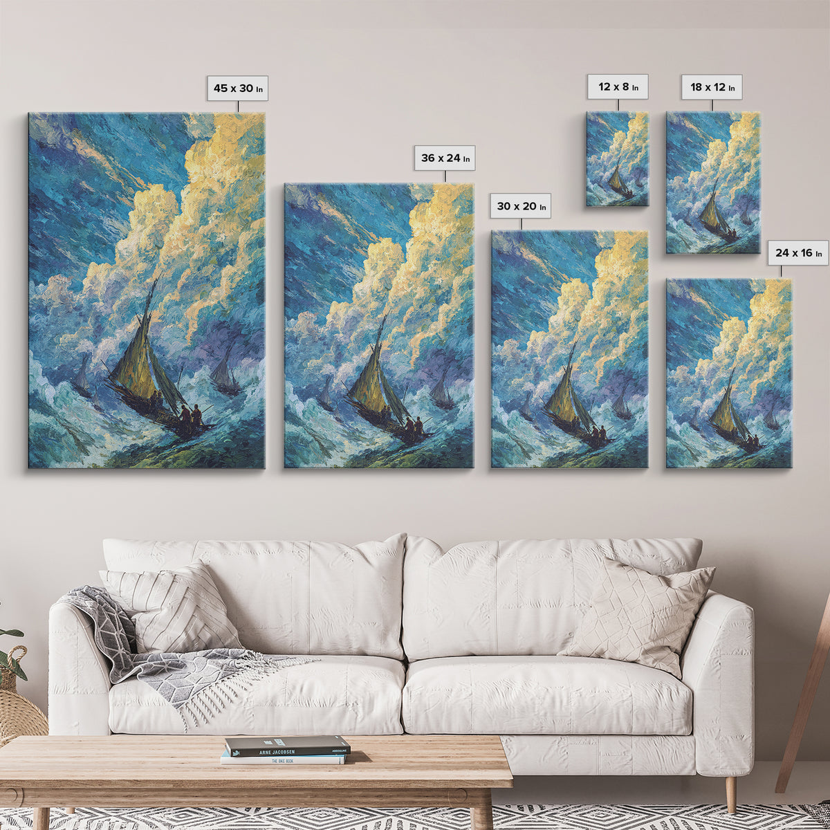 Stormy Sailboat Seascape Framed Canvas Print, Beach Art, Blue Ocean Wall Decor, Coastal Painting, Dramatic Living Room Art