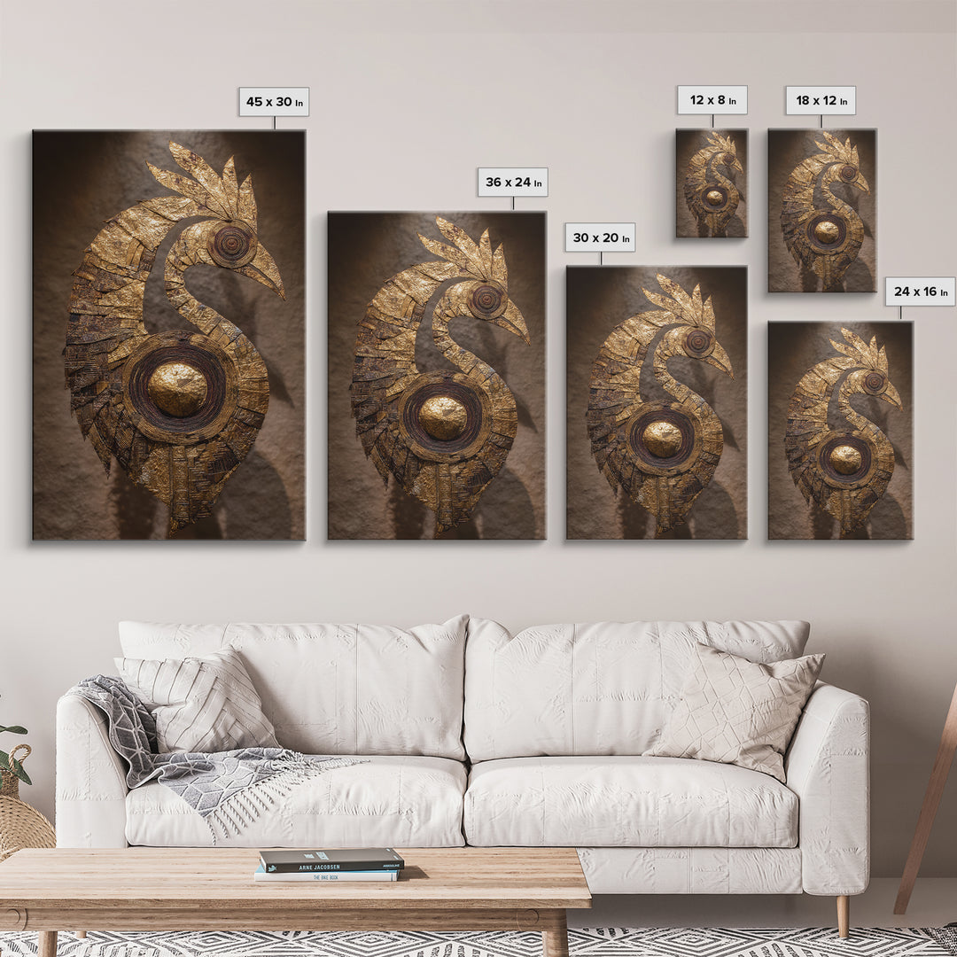 Golden Tribal Bird Sculpture Wall Art, African Inspired Decor, Black And Gold Art, Textured Art Print, Unique Home Decor Gift