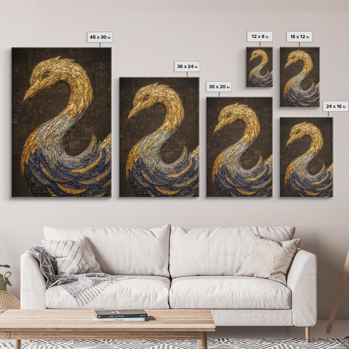 Blue Gold Mosaic Swan Framed Canvas Print, Black And Gold Art, Elegant Wall Decor, Contemporary Canvas, Statement Home Decor