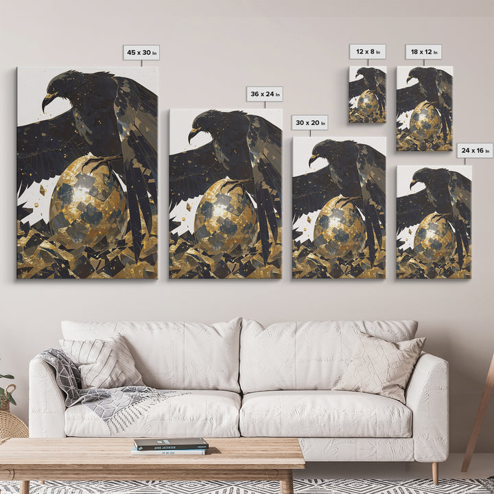Black Eagle Golden Egg Canvas Print, Black And Gold Art, Animal Wall Decor, Bold Bird Artwork, Contemporary Living Room Art