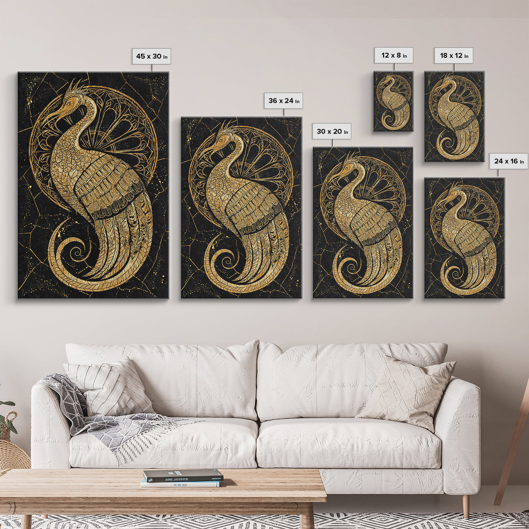 Ornate Golden Peacock Wall Art, Black And Gold Art, African Inspired Wall Decor, Mystical Animal Art, Luxury Canvas Print Gift