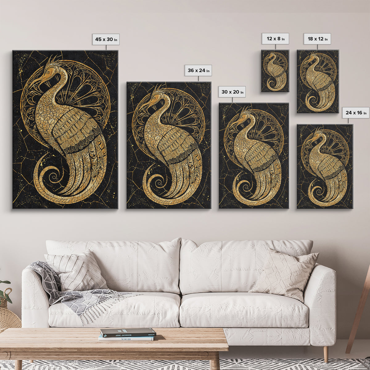 Ornate Golden Peacock Wall Art, Black And Gold Art, African Inspired Wall Decor, Mystical Animal Art, Luxury Canvas Print Gift