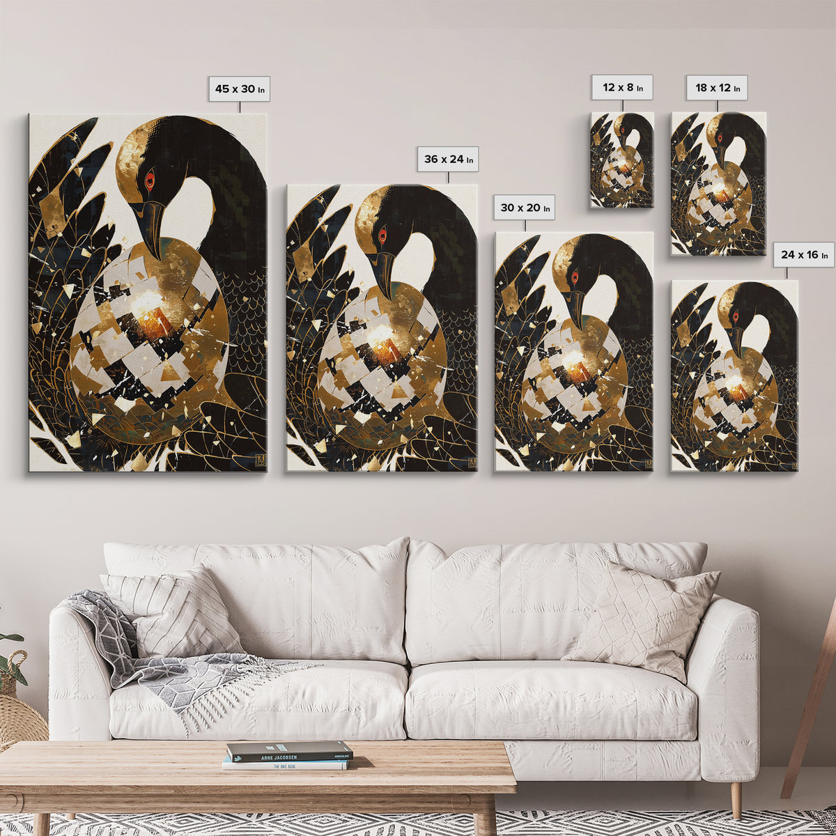 Black Crane With Golden Egg Framed Canvas Print, Black And Gold Art, Modern Bird Wall Decor, Elegant Home Decor, Unique Gift