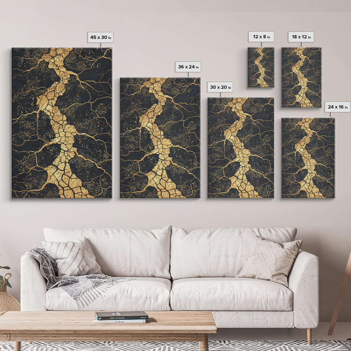 Gold Vein Crackle Abstract Canvas Print, Black And Gold Wall Art, Modern African Inspired Decor, Textured Art Print, Gift