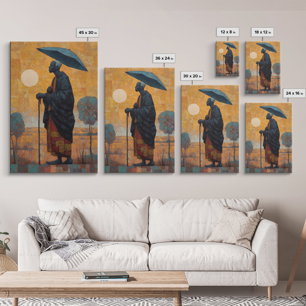 Elder With Blue Umbrella Wall Art, African Portrait Canvas Print, Burnt Orange Art, Afrocentric Decor, Meaningful Gift For Him