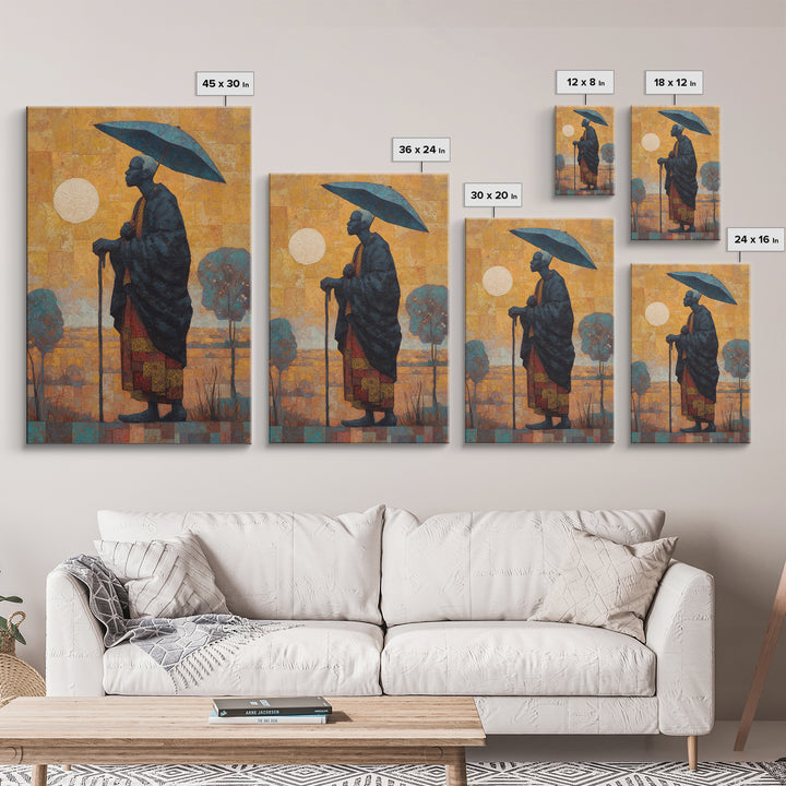Elder With Blue Umbrella Wall Art, African Portrait Canvas Print, Burnt Orange Art, Afrocentric Decor, Meaningful Gift For Him