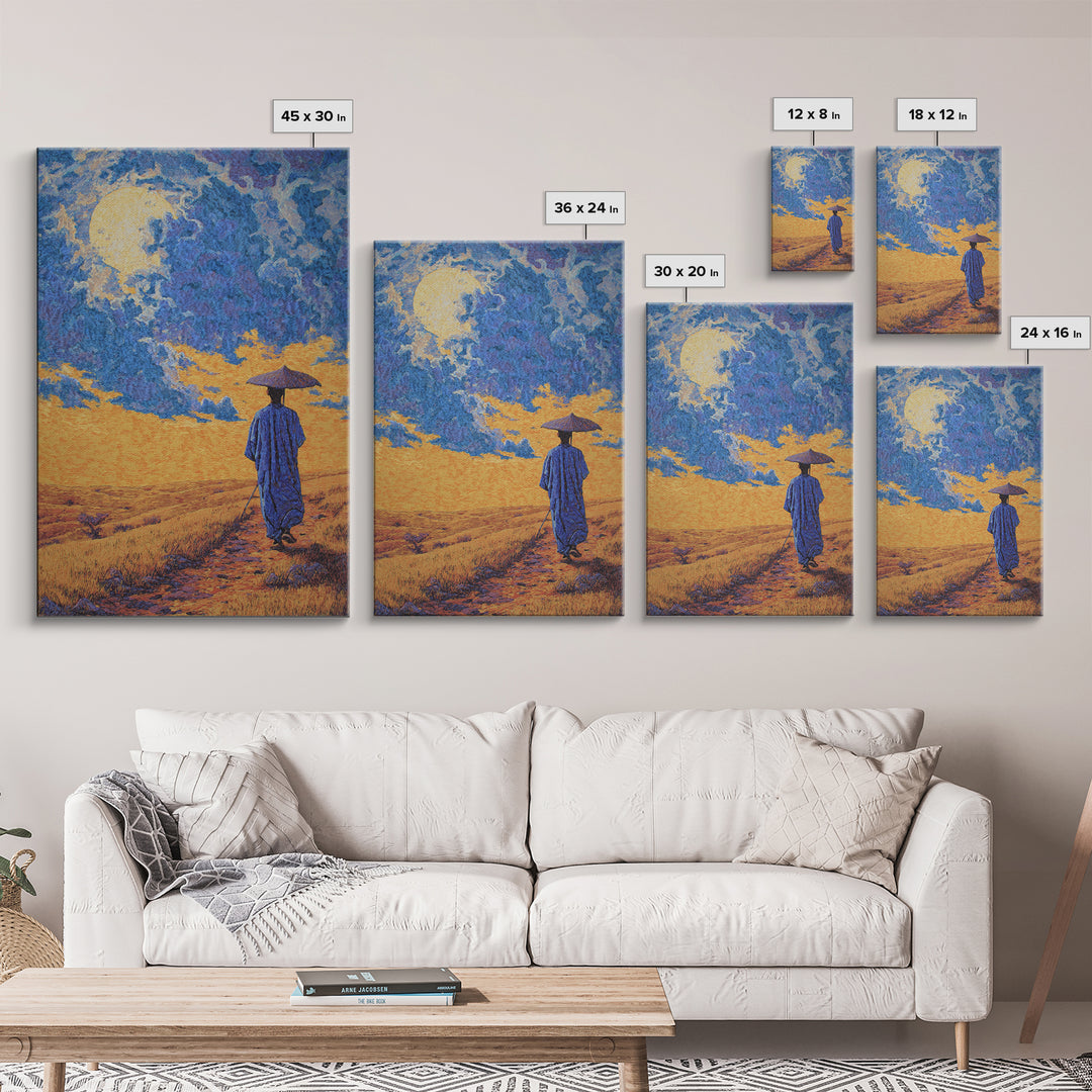 Blue Robed Traveler Under Moon Canvas Print, African Landscape Wall Art, Dreamy Wall Art, Cultural Home Decor, Gift For Him