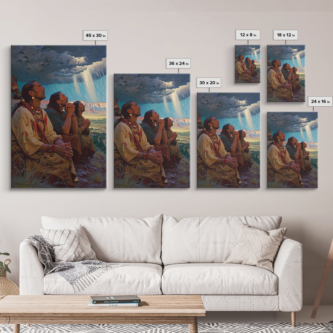 Tribal Elders Praying Under Storm Clouds Wall Art, African Warrior Art Print, Cultural Landscape, Spiritual Home Decor, Gift