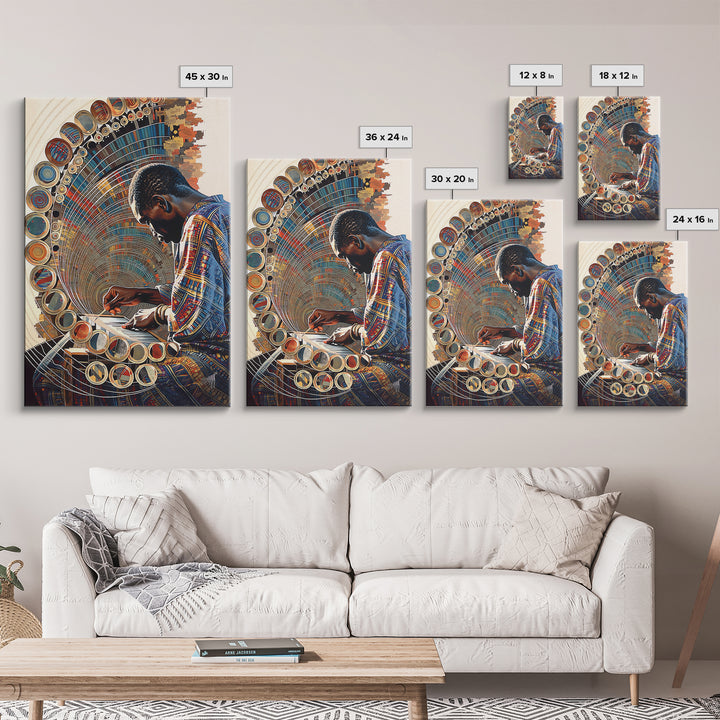 African Artist Weaving Geometric Circle Patterns Canvas Print, Modern African Art, Cultural Wall Decor, Creative Studio Gift
