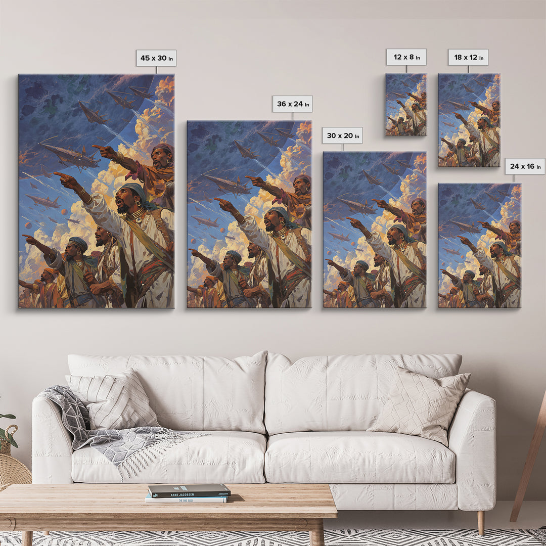 Afrofuturist Warriors Pointing At Sky Ships Wall Art, African Warrior Art, Modern African Art Print, Bold Cultural Decor