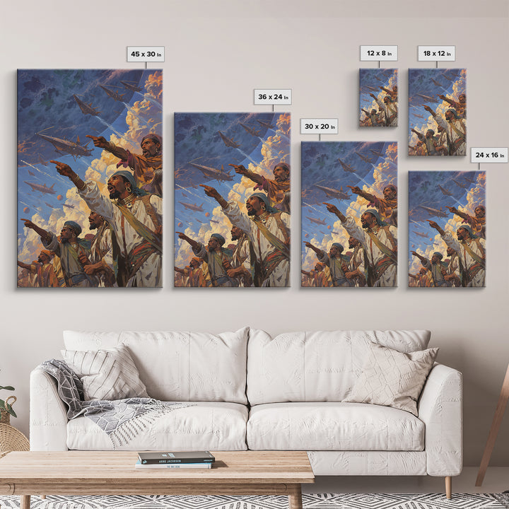 Afrofuturist Warriors Pointing At Sky Ships Wall Art, African Warrior Art, Modern African Art Print, Bold Cultural Decor