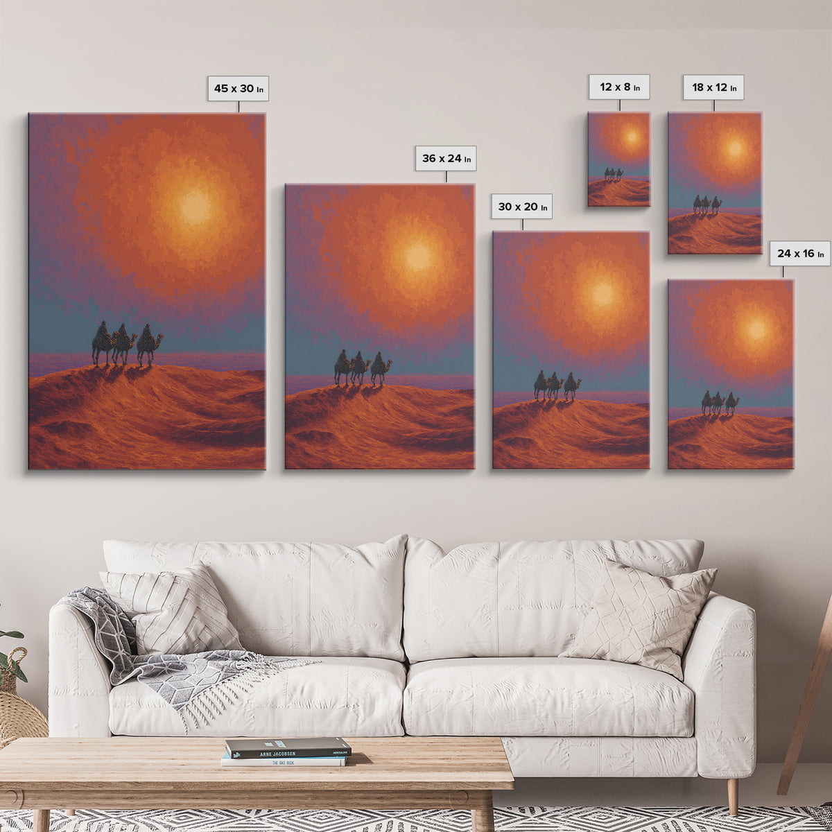 Camel Caravan Crossing Red Desert Dunes Wall Art, African Safari Art Print, Burnt Orange Art, Dreamy Landscape Decor, Gift