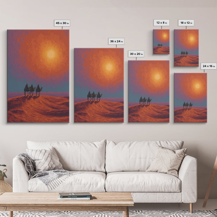 Camel Caravan Crossing Red Desert Dunes Wall Art, African Safari Art Print, Burnt Orange Art, Dreamy Landscape Decor, Gift