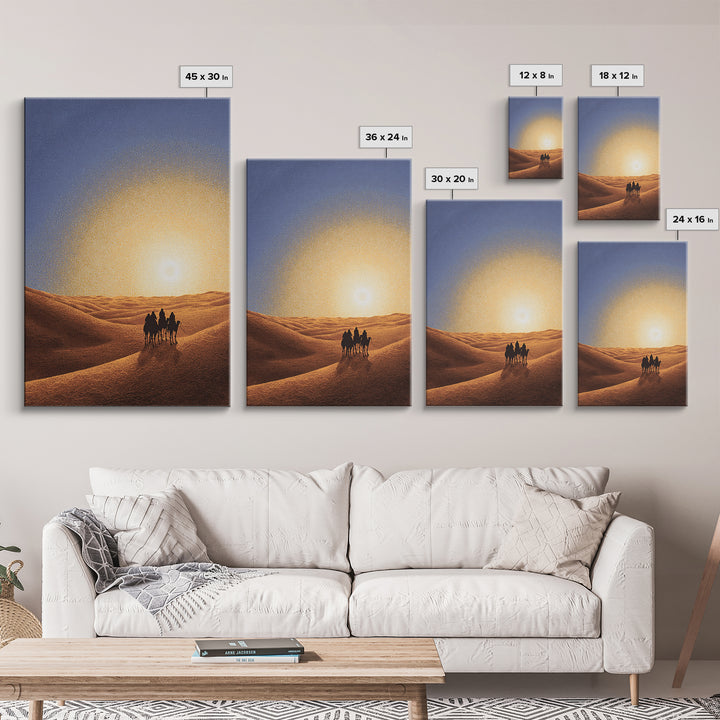 Camel Caravan In Golden Sand Dunes Canvas Print, African Safari Art, Desert Landscape Wall Decor, Warm Sunset Home Decor