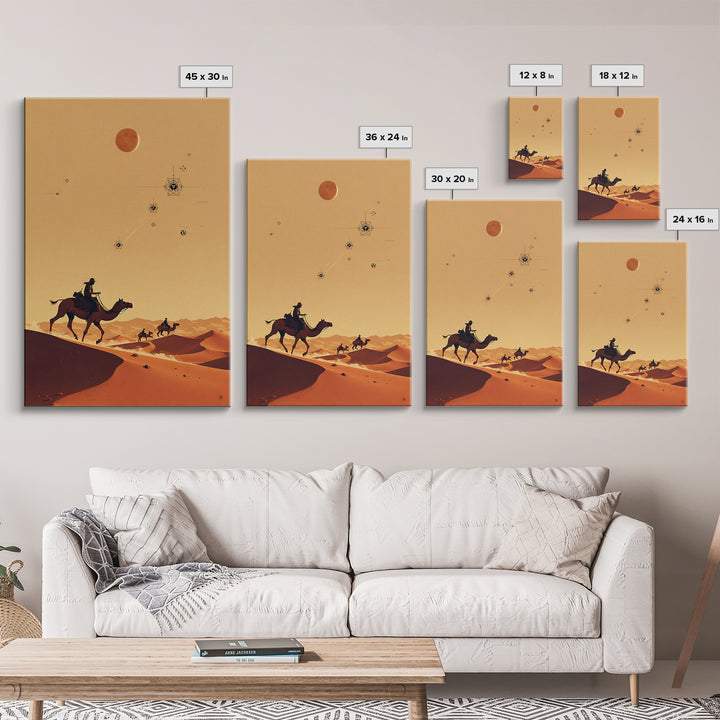 Camel Riders Beneath Red Moon Wall Art, African Travel Poster, Desert Caravan Print, Boho Safari Decor, Mystical Wall Art