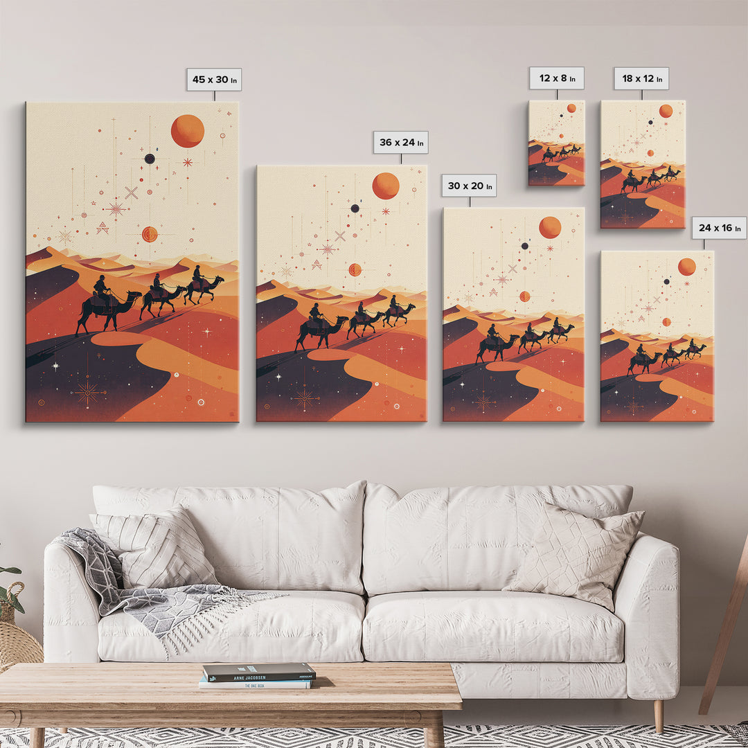 Desert Camel Caravan With Planets Canvas Print, African Travel Art, Boho Wall Decor, Orange Dunes, Celestial Safari Gift