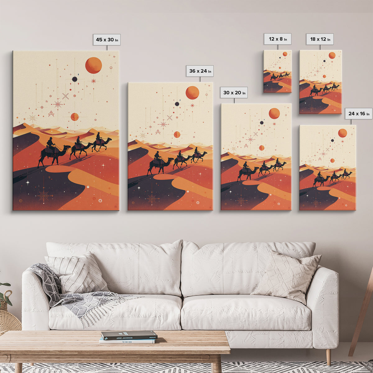 Desert Camel Caravan With Planets Canvas Print, African Travel Art, Boho Wall Decor, Orange Dunes, Celestial Safari Gift