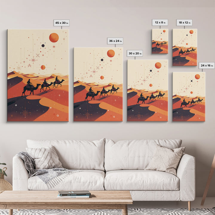 Desert Camel Caravan With Planets Canvas Print, African Travel Art, Boho Wall Decor, Orange Dunes, Celestial Safari Gift