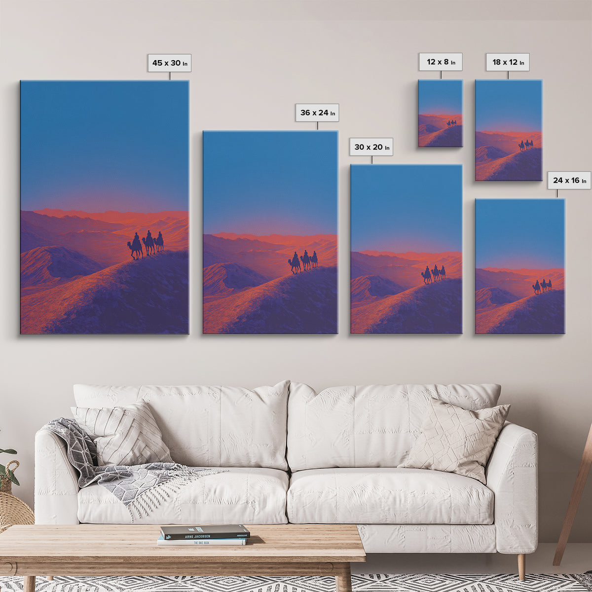 Camel Riders On Blue Desert Ridge Wall Art, African Landscape Print, Modern Safari Art, Sunset Mountain Unique Home Decor Gift