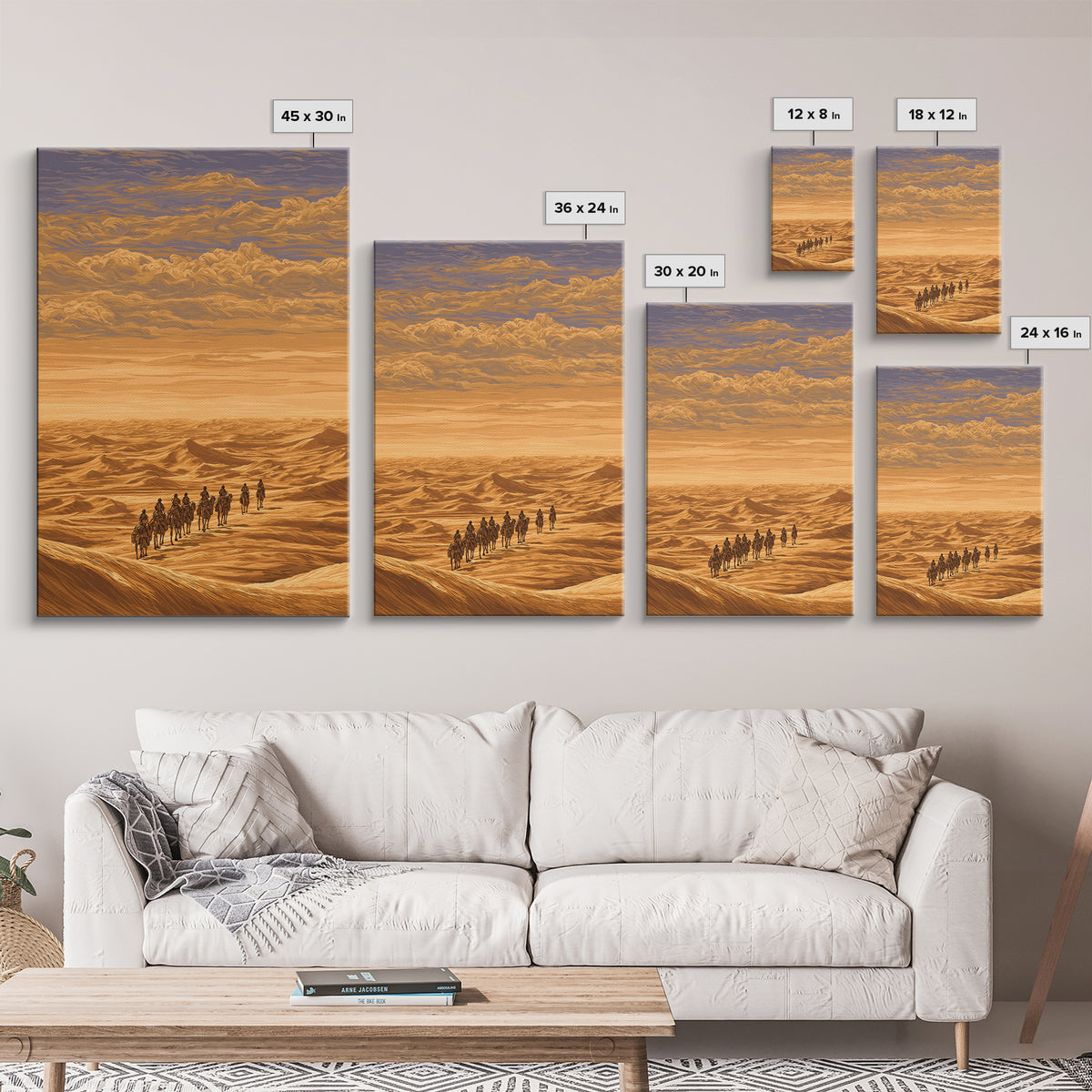Golden Desert Caravan Across Dunes Canvas Print, African Safari Art, Sahara Landscape, Boho Wall Decor, Living Room Decor