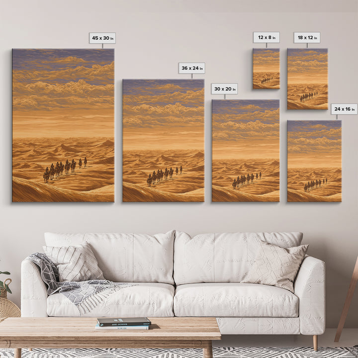 Golden Desert Caravan Across Dunes Canvas Print, African Safari Art, Sahara Landscape, Boho Wall Decor, Living Room Decor