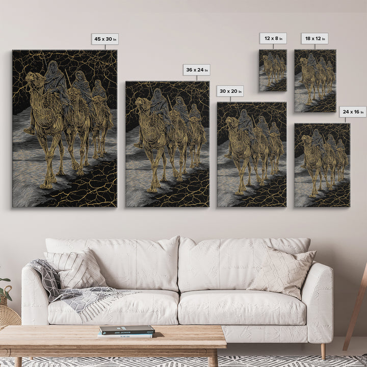 Gold Line Camel Riders On Black Desert Wall Art, African Travel, Tribal Decor, Sahara Poster, Bold Boho Home Decor, Statement Piece