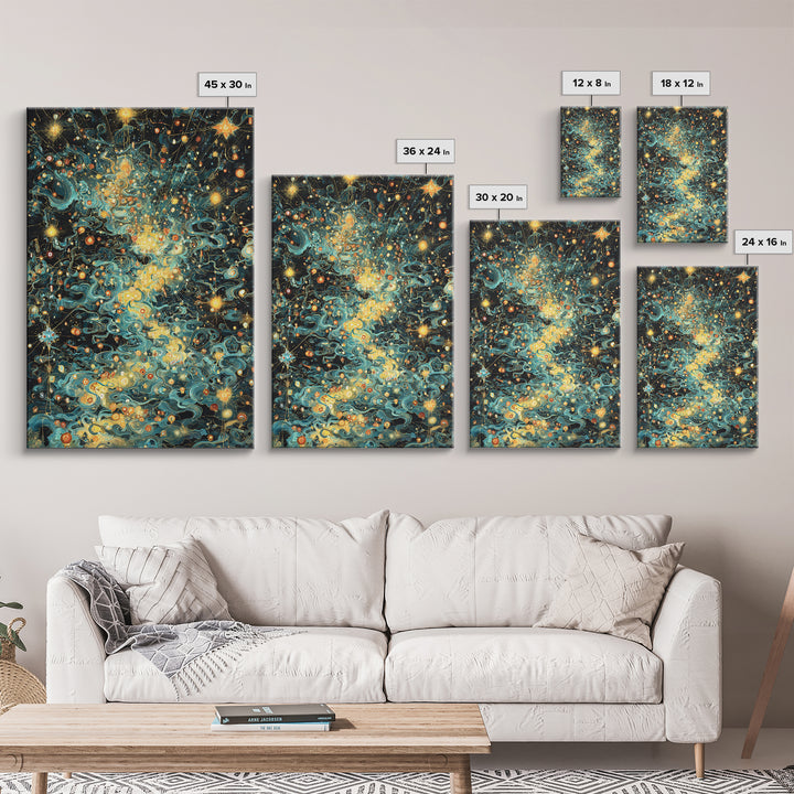 Glowing Celestial Swirls With Stars Canvas Print, Abstract Art, Teal And Gold Wall Decor, Dreamy Modern Home Decor, Gift For Her