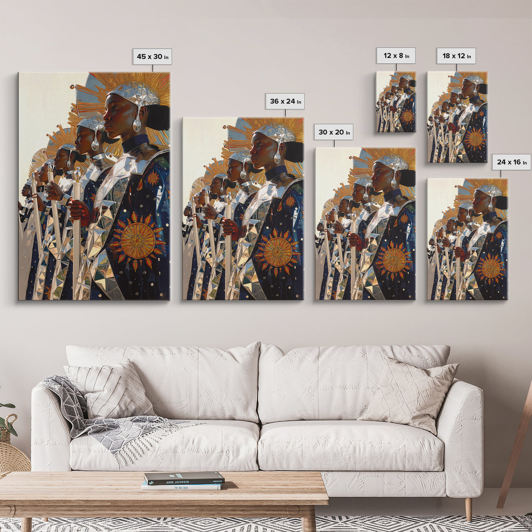 Afrofuturist Women In Silver Sun Armor Canvas Print, Black Women Art, African Queen, Empowered Women, Luxury Wall Decor Gift
