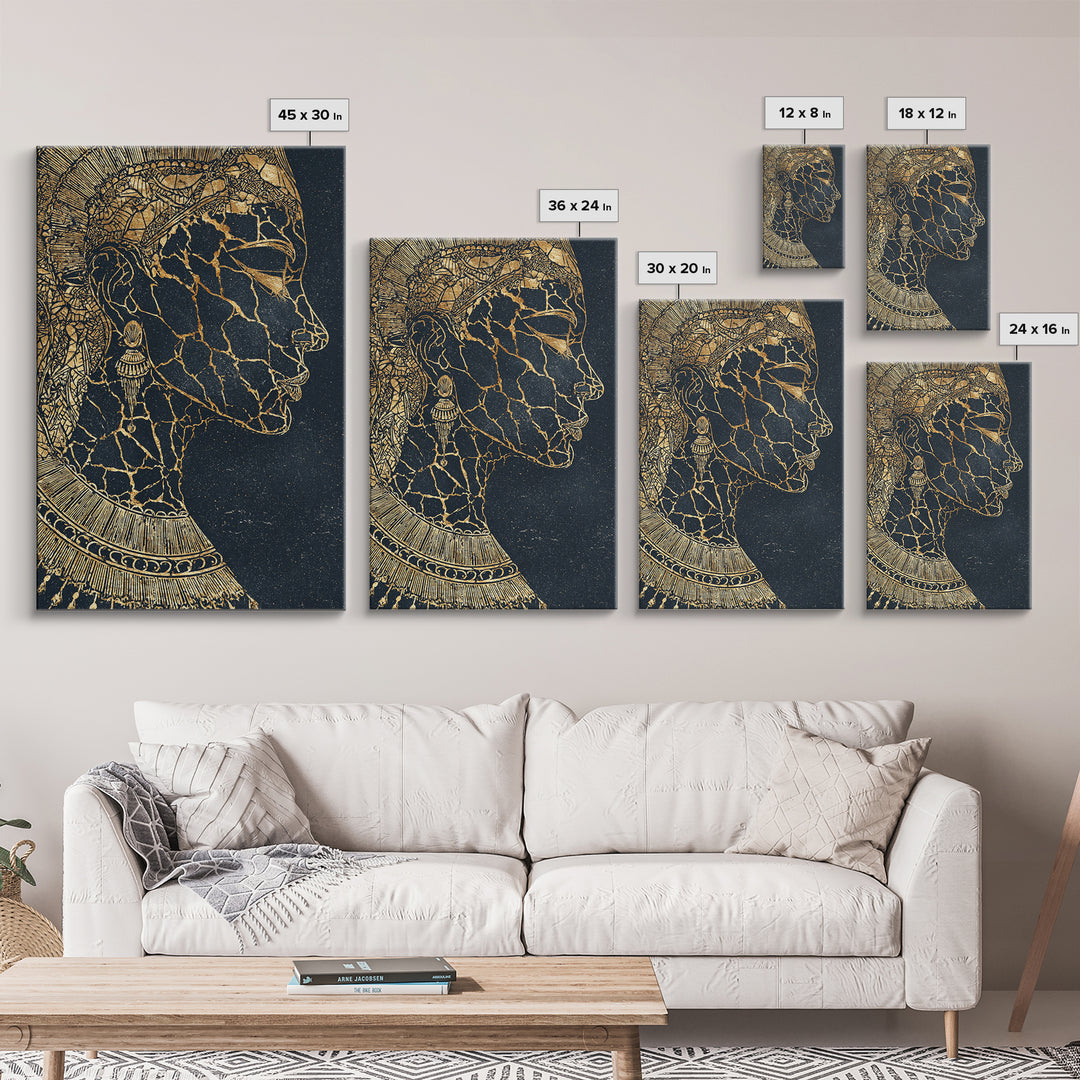 Gold Cracked African Queen Profile Wall Art, Black Woman Portrait, Afrocentric Decor, Luxury Canvas, Black And Gold Design