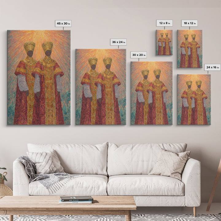 Two Radiant African Queens Canvas Print, Red Gold Royal Portrait, Afrocentric Wall Decor, African Women Art, Gift For Her