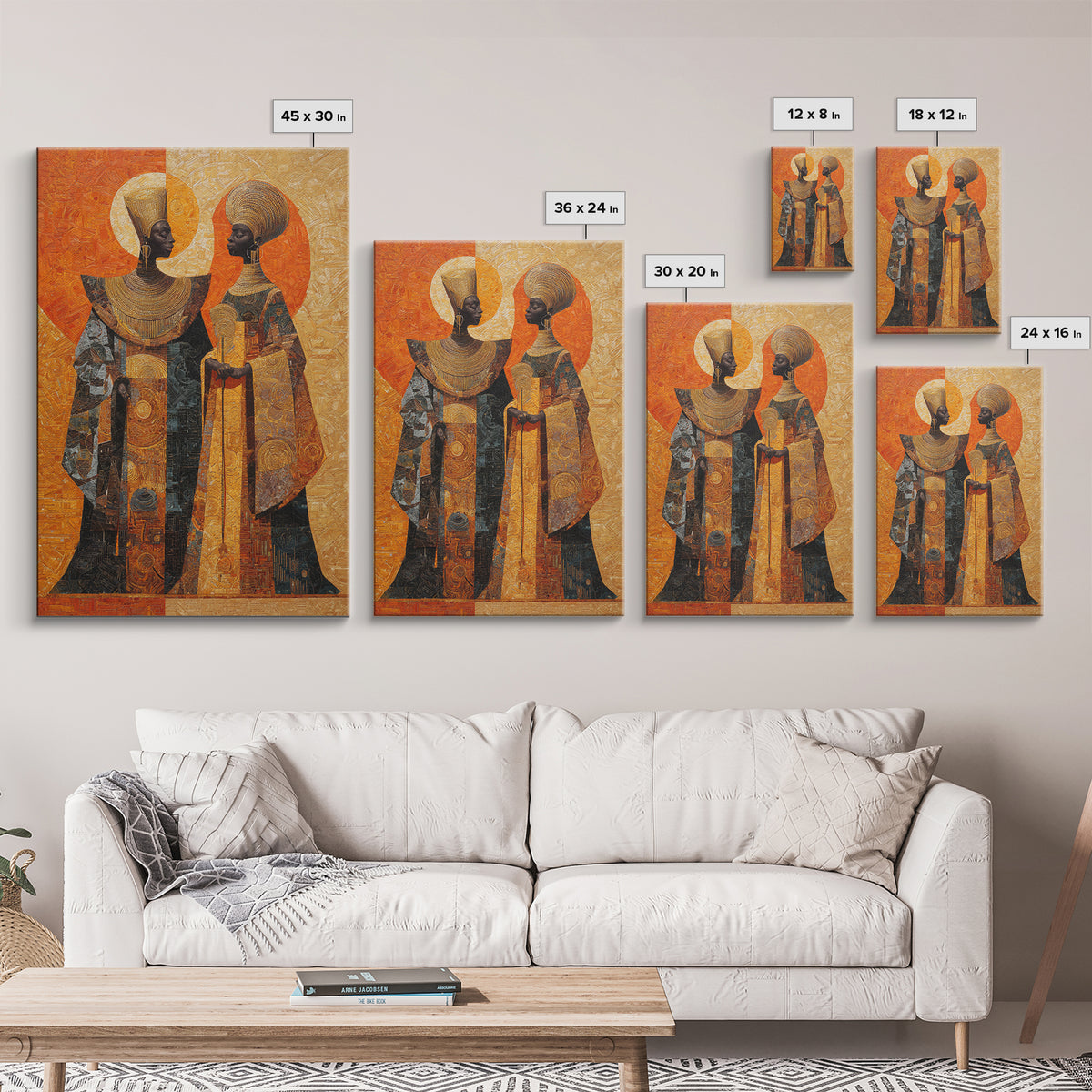Orange Gold African Queen Pair Wall Art, Elegant Halo Portrait, Modern African Art, Black Woman Canvas, Earth Tone Decor