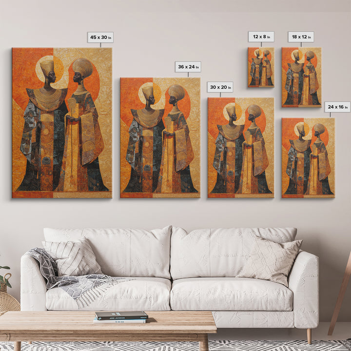 Orange Gold African Queen Pair Wall Art, Elegant Halo Portrait, Modern African Art, Black Woman Canvas, Earth Tone Decor