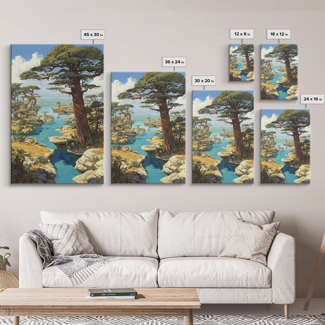 Baobab Trees By Turquoise Water Canvas Print, African Landscape, Serengeti Wall Art, Nature Scene Art, Safari Decor Gift