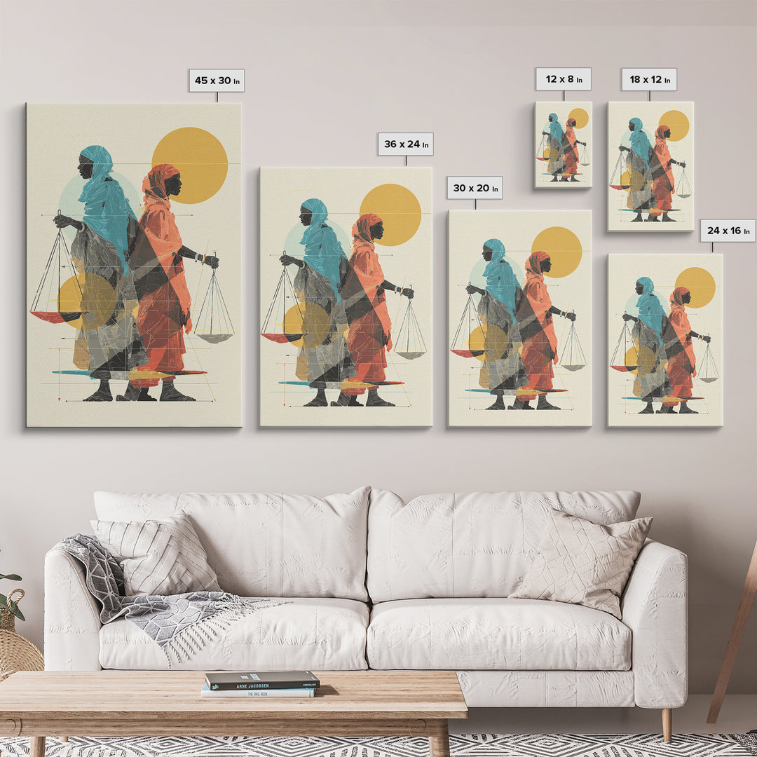 Two Veiled African Women With Scales Canvas Print, Modern Justice Portrait, Afrocentric Wall Decor, Feminine Wall Art Gift