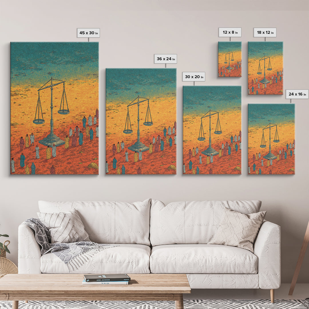 Desert Justice Scales With Robed Figures Wall Art, African Culture Art Print, Afrocentric Decor, Statement Living Room Decor