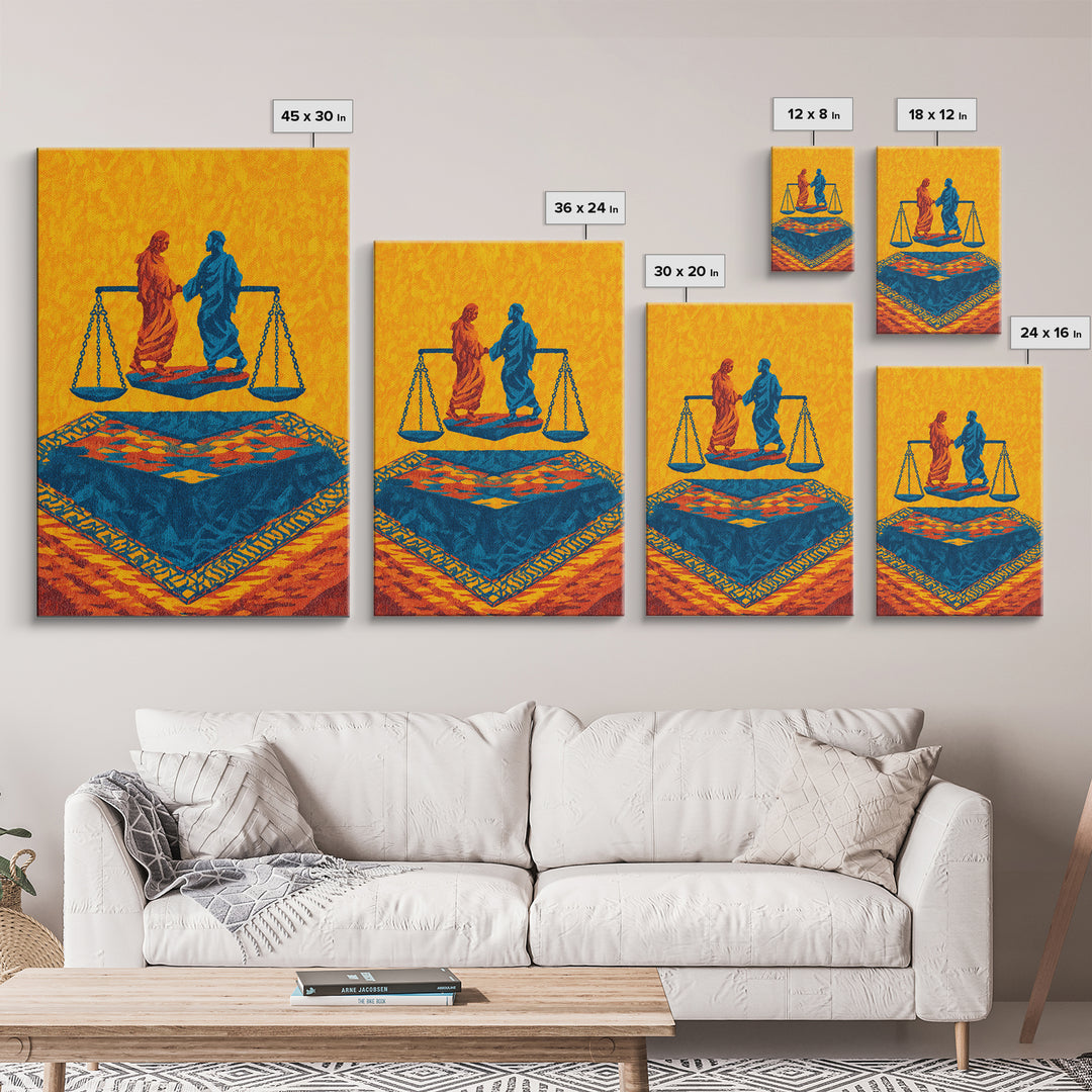 Balanced Figures On Blue Rug Wall Art, African Inspired Justice Painting, Cultural Wall Decor, Bold Afrocentric Canvas Print