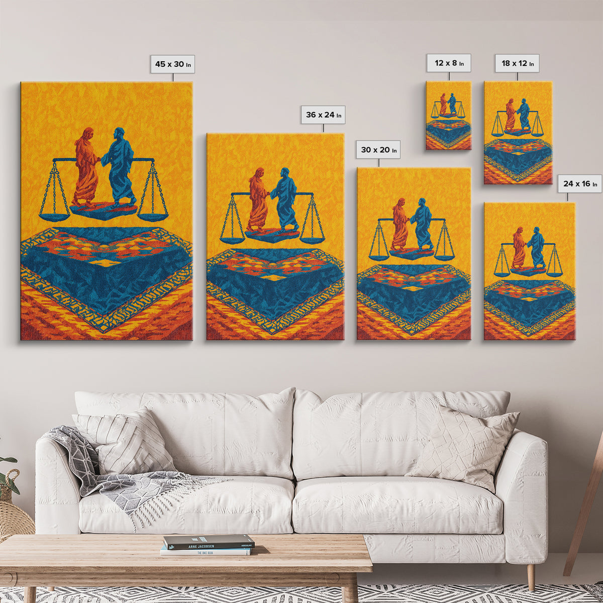 Balanced Figures On Blue Rug Wall Art, African Inspired Justice Painting, Cultural Wall Decor, Bold Afrocentric Canvas Print